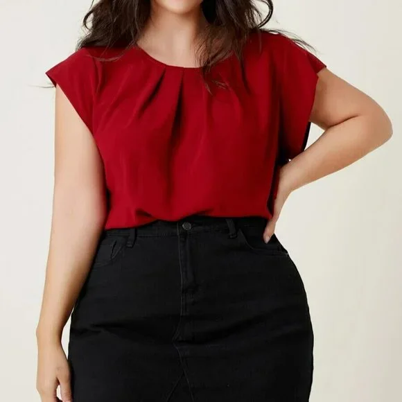 SHEIN Plus Fold Pleated Solid Top in Burgundy, Size 2XL UK 20 - Picture 4 of 4